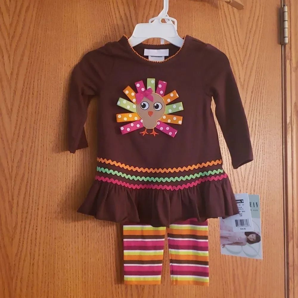 NWT Adorable Bonnie Baby 2 Pc Thanksgiving Turkey Outfit Sz 12 Mos